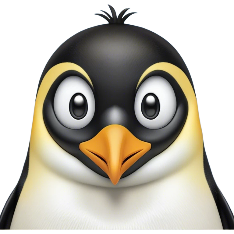 Cinematic Comical Emperor Penguin Portrait Emoji, Head tilted dramatically with an exaggeratedly shocked expression, featuring sleek, polished plumage with wide, comically expressive eyes filled with exaggerated disbelief, Simplified yet hilariously expressive features, highly detailed, glowing with a slightly sassy polar glow, high shine, dramatic yet playful, stylized with an air of cheeky arctic attitude, soft glowing outline, capturing the essence of a meme-worthy penguin that appears ready to side-eye its way into viral internet fame instantly! emoji