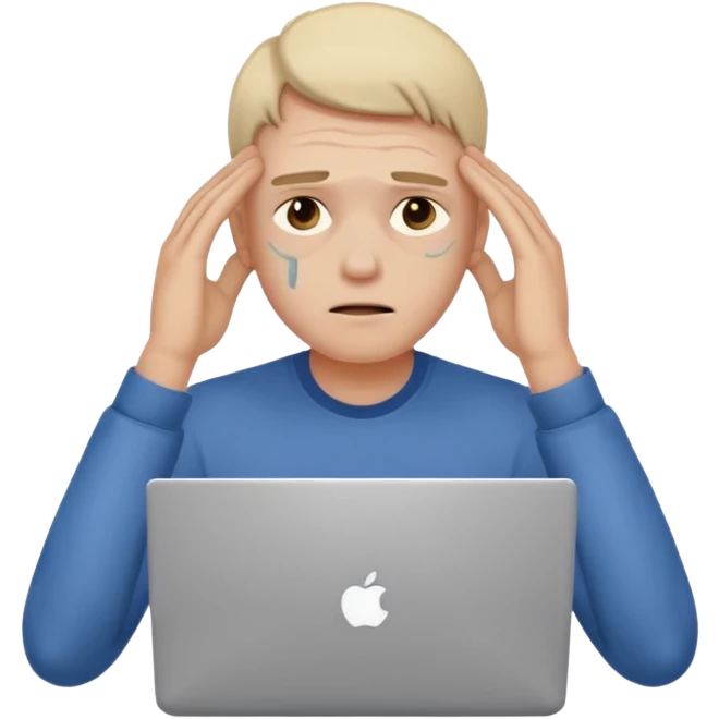 programmer holding his head, bruises under his eyes, with a laptop emoji