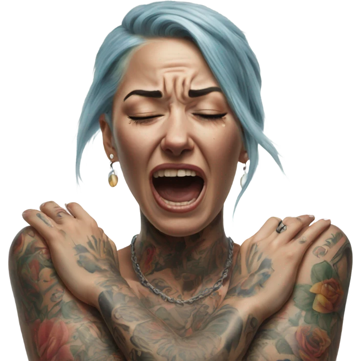 Hyper Realistic Beautiful tattooed woman crying and reaching her arms out emoji