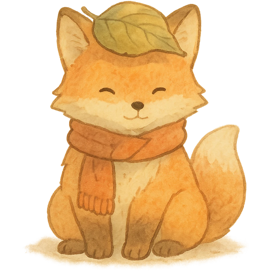 fox wearing a leaf hat and scarf, cute autumn soft style, soft pastel colors, ghibli style emoji