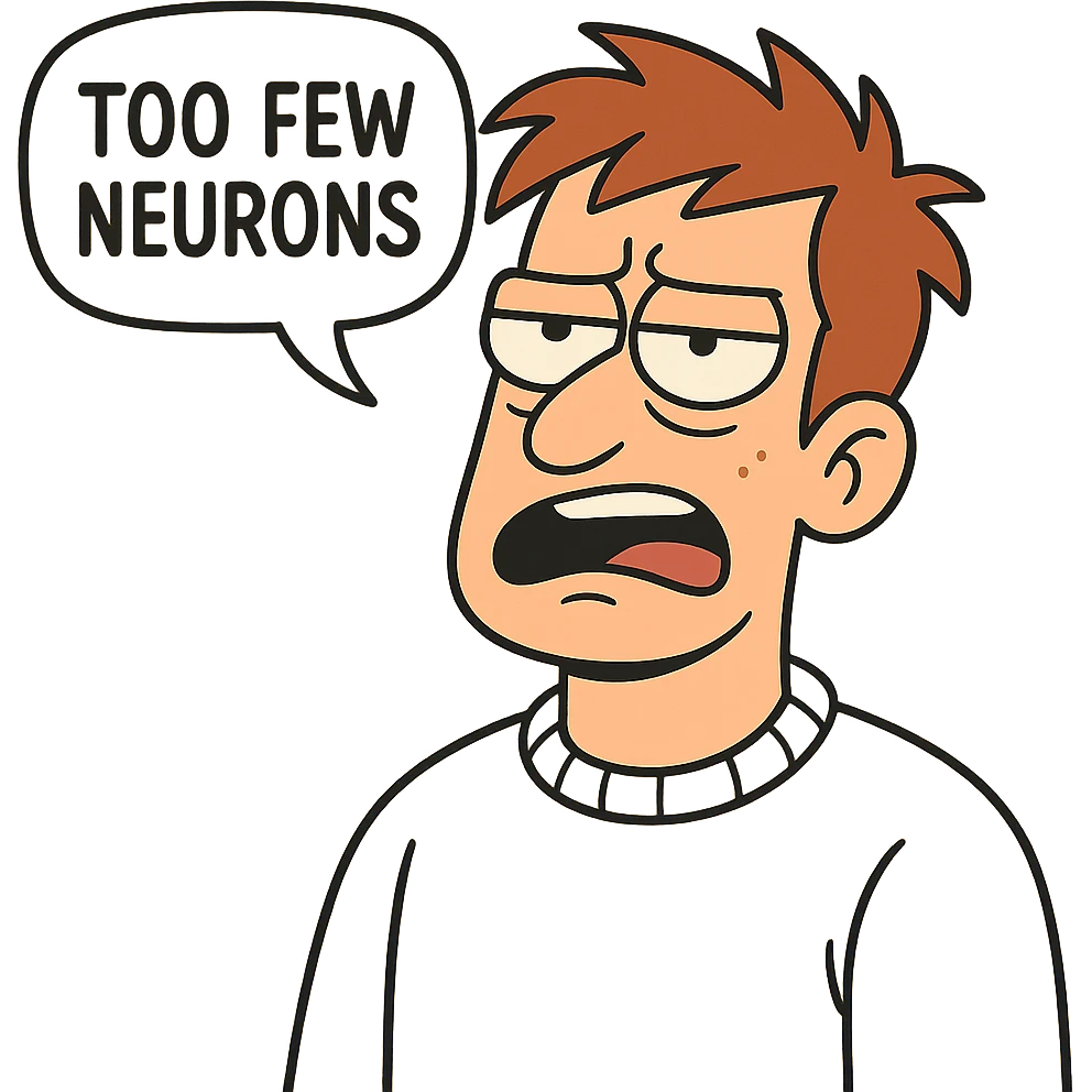 guy in a white jumper, speech bubble 'too few neurons' emoji
