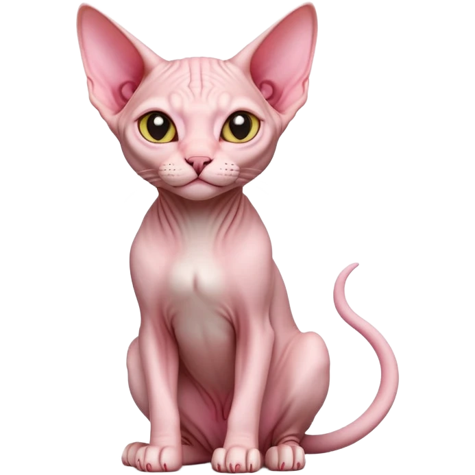 cinematic-[sphynx cat]-realistic-full-body-sitting-emoji,-tail-curled-playfully-around-its-paws,-head-tilted-dramatically,-sleek-[pink]-skin,-simplified-yet-realistic-focused-features,-highly-detailed,-glowing-with-an-almost-sarcastic-glow emoji