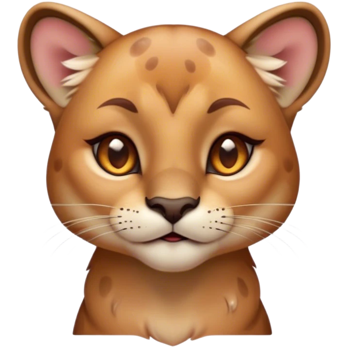Cinematic Cute Cougar Portrait Emoji, Head tilted playfully and inquisitively, featuring a glossy, tawny Fur with delicate dark markings and round, sparkling amber eyes filled with curious mischief, Simplified yet irresistibly adorable features, highly detailed, glowing with a warm, friendly glow, high shine, affectionate and agile, stylized with a touch of wilderness whimsy, bright and endearing, soft glowing outline, capturing the essence of a mischievous yet loving cougar, so playful it feels like it could prowl out of the screen and into your arms! emoji