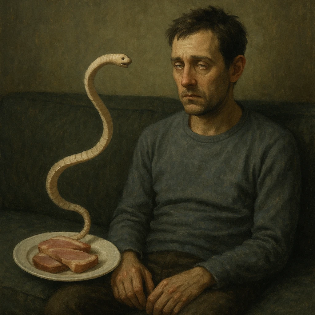 narrative scene: man sitting on sofa, empty gaze, next to him plate with pork meat and small stylized tapeworm moving towards head, psychological discomfort atmosphere, 4K quality emoji