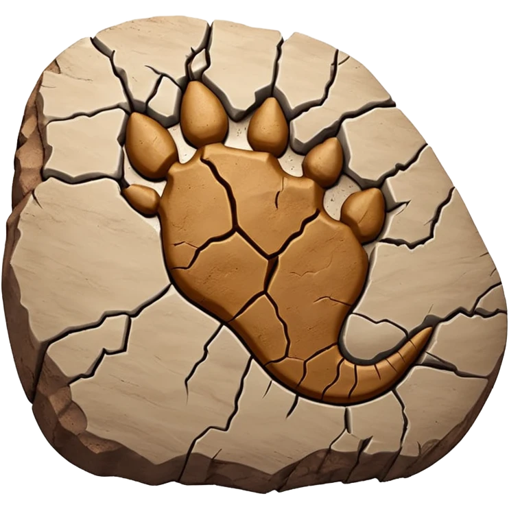 3D render of Dino Footprint, embedded in a chunk of rough sedimentary rock, cracked stone texture, ancient fossil aesthetic, deep indentation in dried brown mud, matte dry finish, Apple emoji style, isolated on white background --v 6.0 emoji
