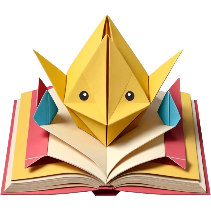 3D render of Pop-Up Book entirely of folded origami paper, sharp creases, cardboard texture, matte finish, visible paper grain, craft aesthetic,emoji style, isolated on white background --v 6.0 emoji