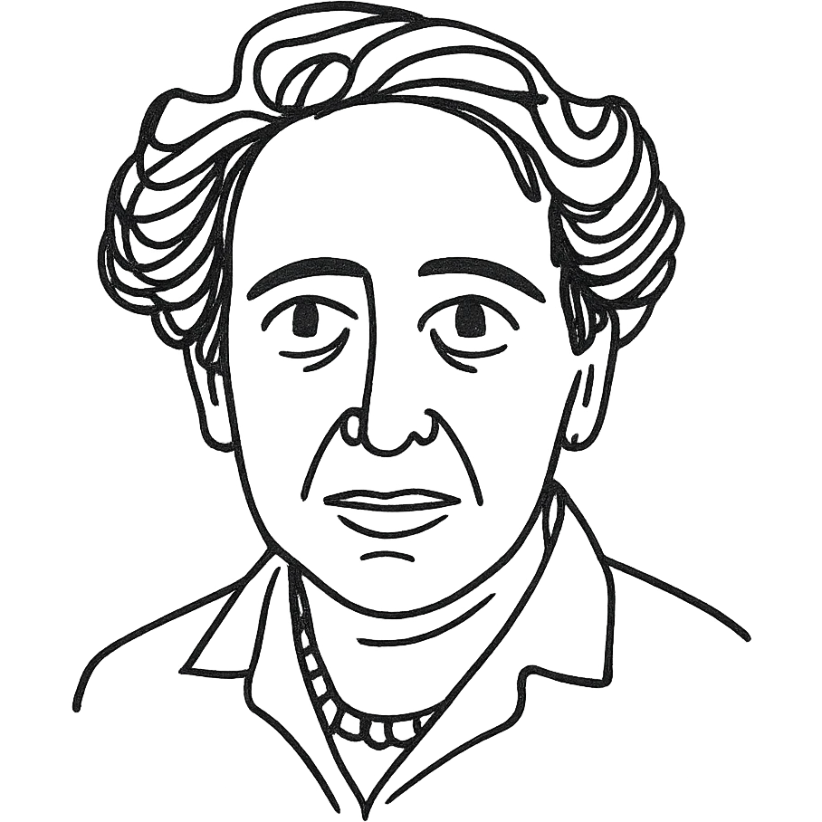 a hand drawn black outline portrait of Hannah Arendt with similar size eyes emoji