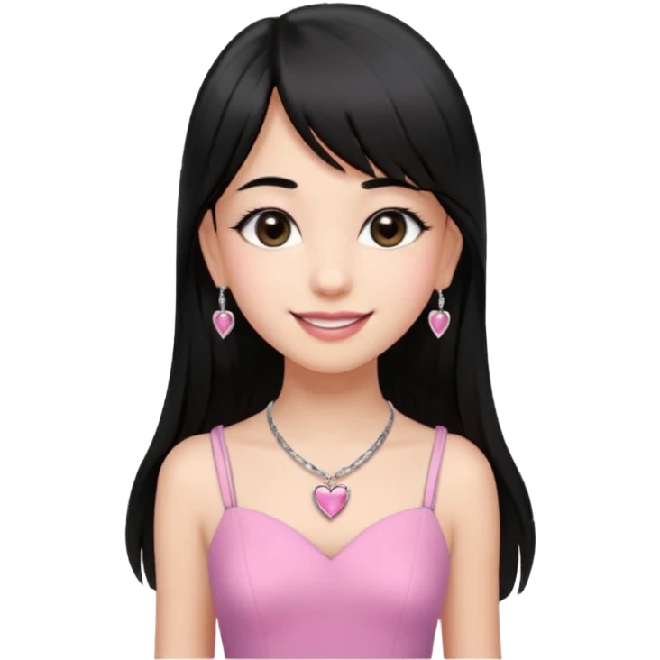 Cabelos pretos longos lisos ,com franja curvada .olhos pretos puxadinho para cima. Cílios longos curvados. Pele clara ,nariz pequeno ,lábios carnudos ,adolescente 16 anos ,vestido rosa de alça, colar de coração prata ,brinco de diamante emoji
