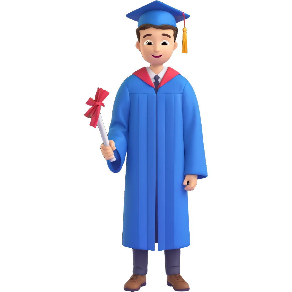 memoji-style illustration of a happy 16-year-old young man celebrating graduation, wearing a cap and gown, smiling emoji
