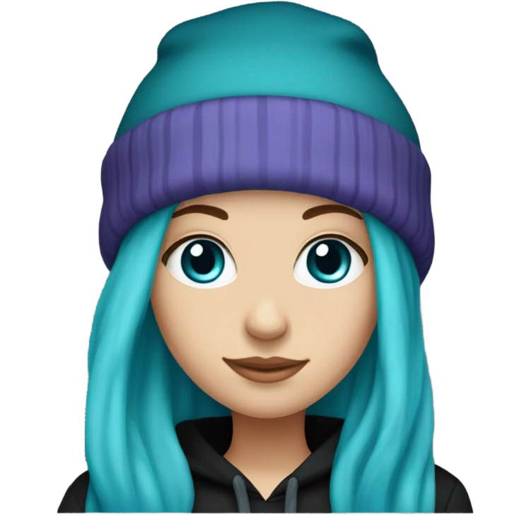 White girl, blue eyes, long teal hair, purple beanie hat, black hoodie, blue jeans, black shoes emoji