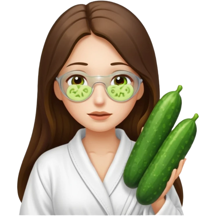 white long brunette hair girl with hazel eyes in a bathrobe with cucumbers covering her eyes emoji