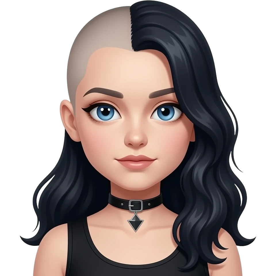 Goth girl with half of her hair shaved, the unshaved part is really long and wavy and blue eyes emoji