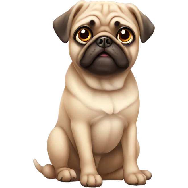 Cute beige pug sitting waiting for a treat, big eyes emoji