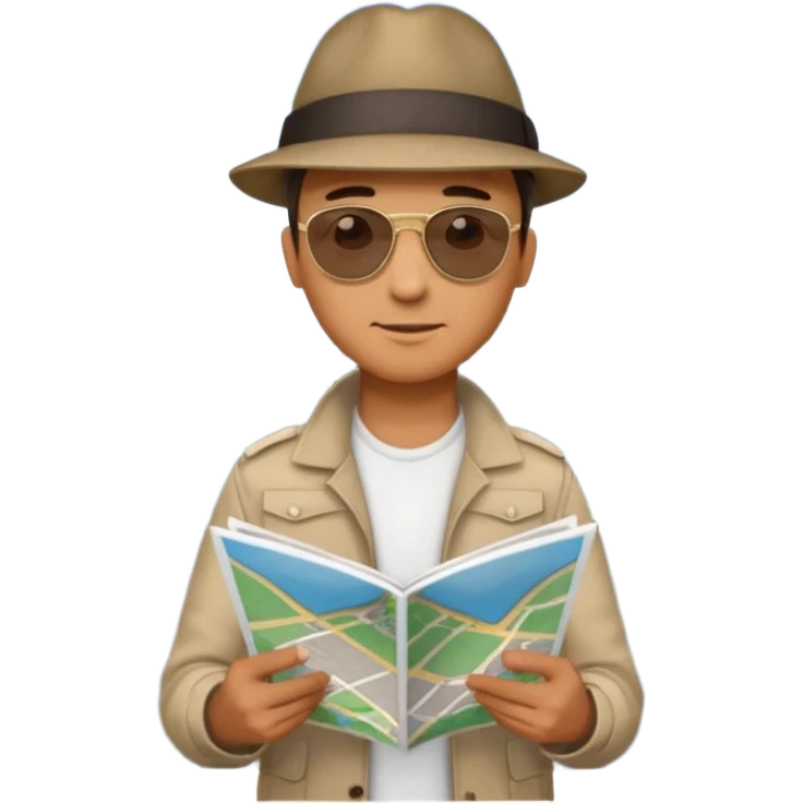 A man stands on a road with a map. There are 3 paths ahead. emoji