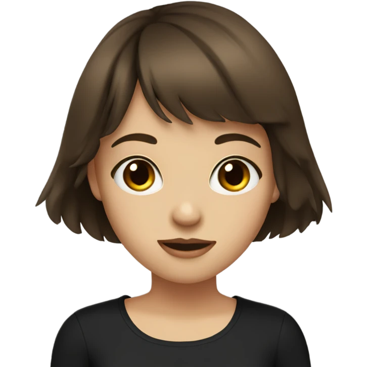 Brunette girl with bangs, white, using a black shirt, with brown eyes and with a cute face  emoji