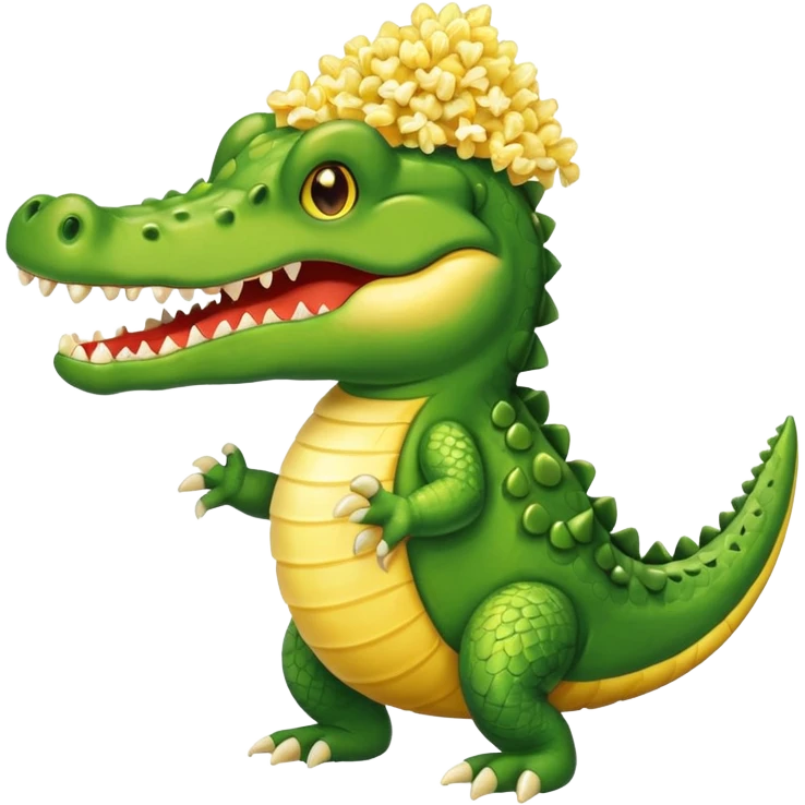 A piece of popcorn that is a dancing crocodile  emoji