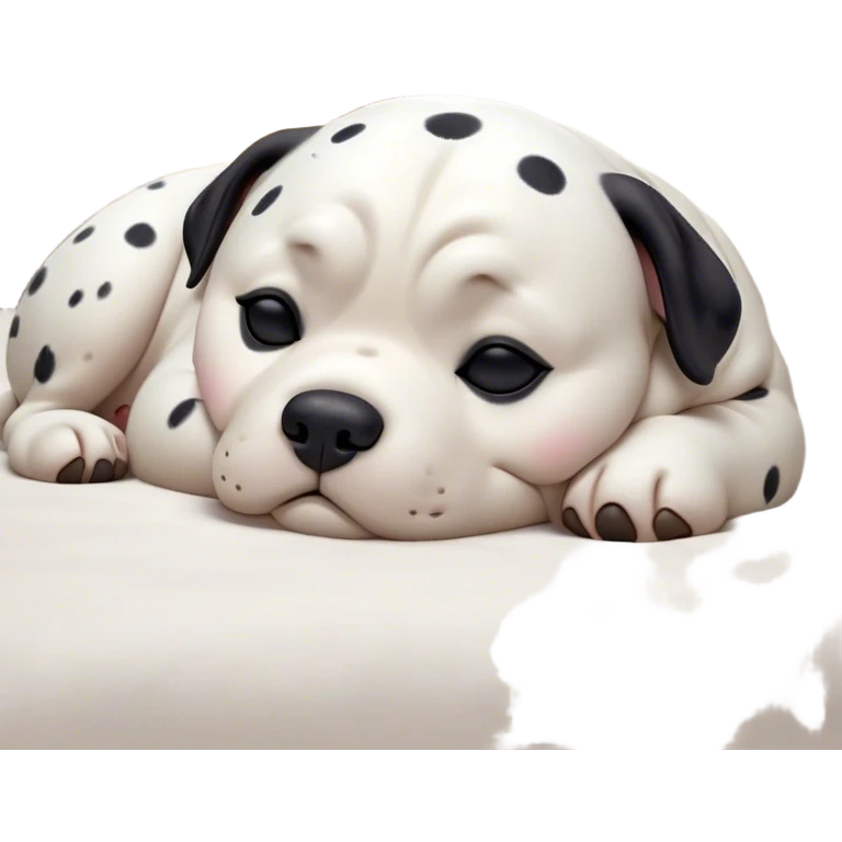 Cinematic Chubby Sleeping Dalmatian Portrait Emoji, Chubby and serene, with a round, plump build and a glossy white coat adorned with distinctive black spots, eyes gently closed in peaceful slumber, Simplified yet irresistibly endearing features, highly detailed, glowing with a gentle, dreamy glow, high shine, relaxed and content, stylized with a touch of whimsy, bright and heartwarming, soft glowing outline, capturing the essence of a blissfully sleepy companion, so comically serene it feels like it could roll out of the screen and snore with adorable charm! emoji