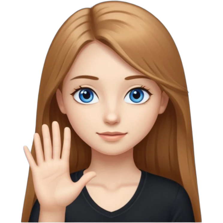 A girly girl with long eyelashes, very long light brown hair, blue eyes, with her palm up. with black undershirt emoji