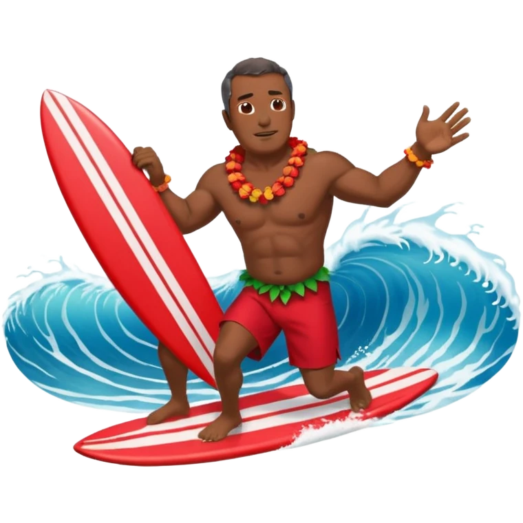 Dark Muscular 50 year old Hawaiian man with red shorts and a shell lei surfing a big wave emoji