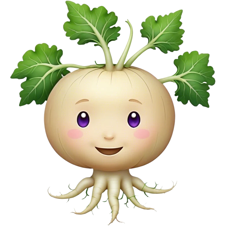 white turnip with slight purple shading with cute smiling baby-like face and leafy stalk and cute spindly roots from the bottom emoji