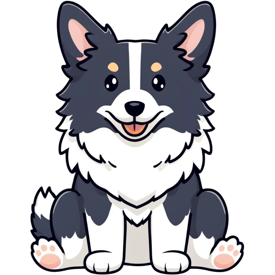 A pure white Border Collie dog sitting, with fluffy fur, alert pointed ears, and friendly expression emoji