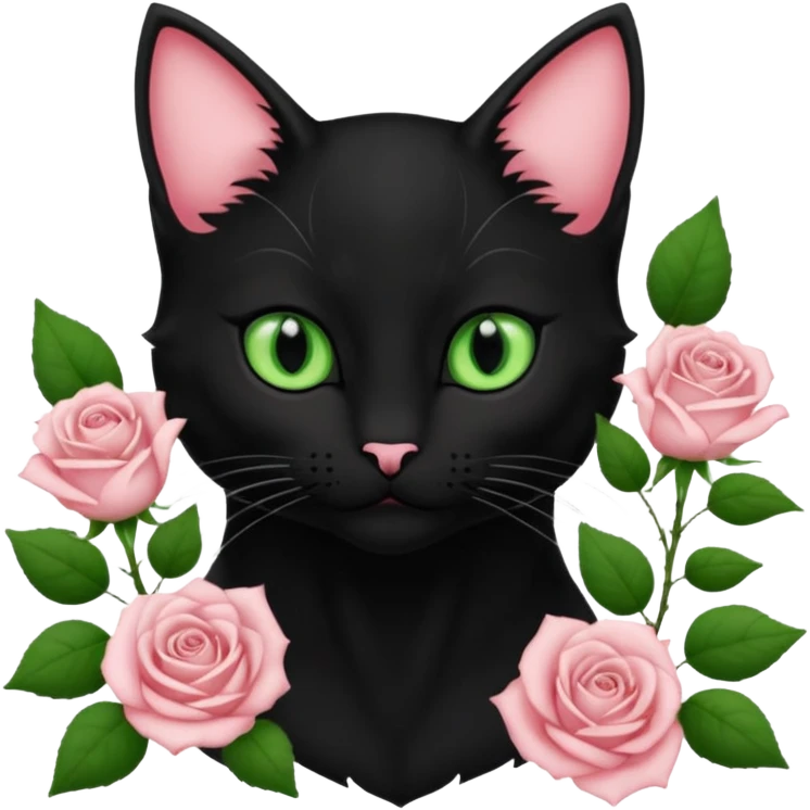 Chat noir et blanc avec des yeux verts et l' intérieur des oreilles roses emoji