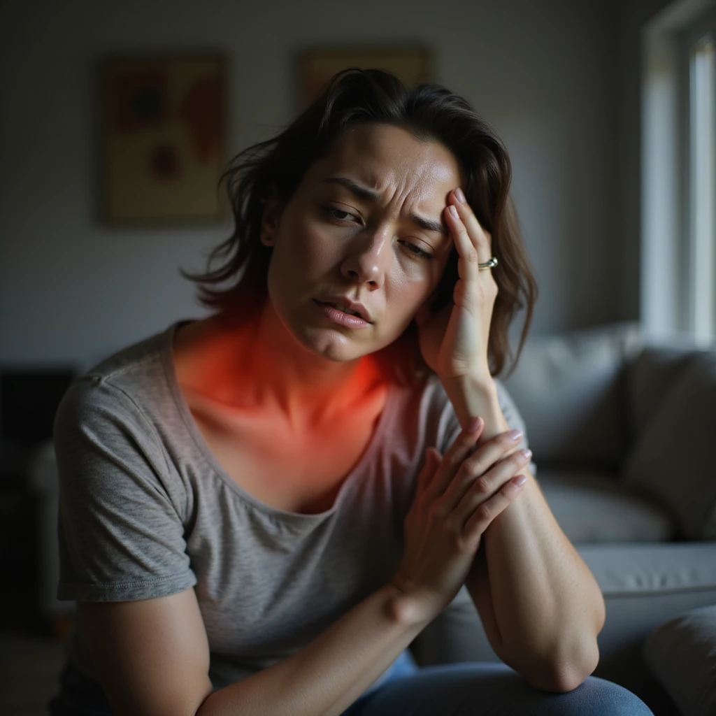 hyperrealistic 4K quality image of a woman sitting with a pained expression, one hand on forehead and the other on neck, highlighted and reddened neck and shoulder muscles, realistic details, domestic environment emoji