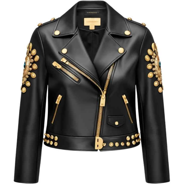 Dolce and gabanna brand Cropped leather jacket for women with 10k gold and metallic edgy style embellishments. 8k, 5000x5000px, 3D rendering, realistic, isolated  emoji