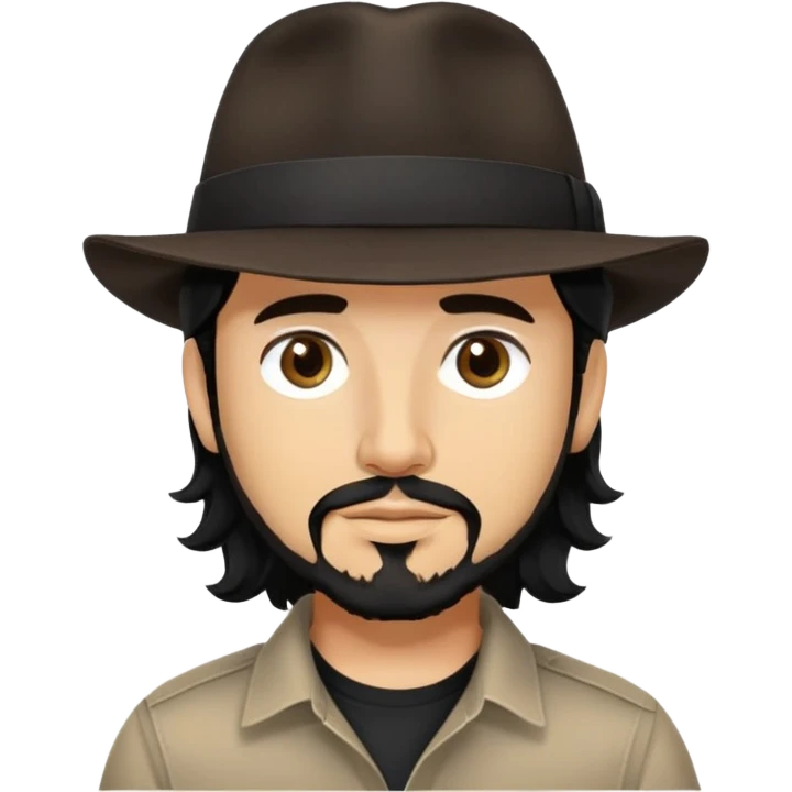 Man with black long wavy hair, brown eyes, tan skin and light black goatee black shirt fedora hat emoji