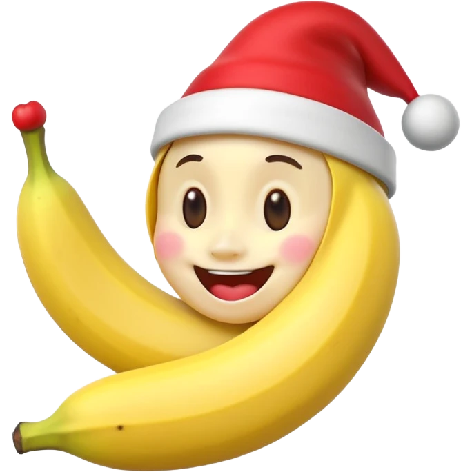 A 3D cartoon peeled banana with a red nose and tiny hat, smiling face, playful pose, Memoji-style. emoji