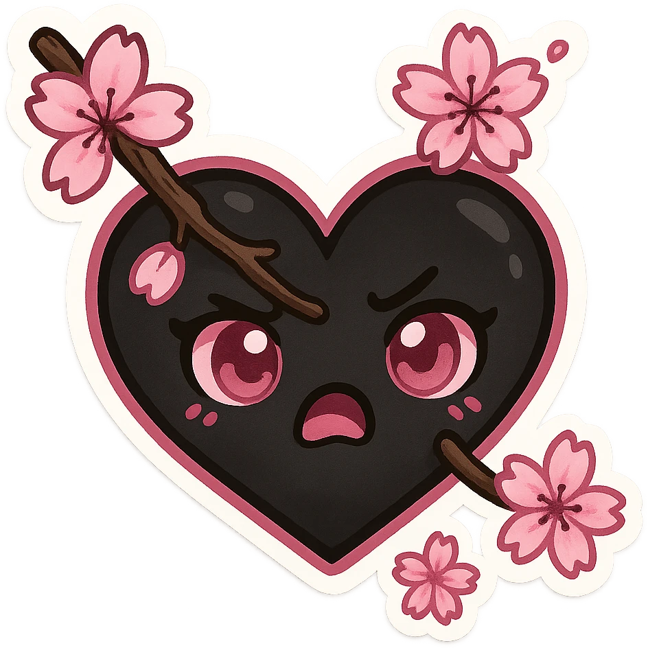 goth sakura heart, heart pierced by sakura branch, black and pink, expressive and fun emoji