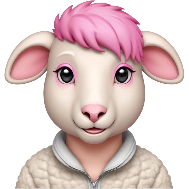 Minimalist sheep character with a sleek high-tech earpiece, trendy pink asymmetrical wool haircut with undercut, and a confident smirk that screams fashion trendsetter. emoji