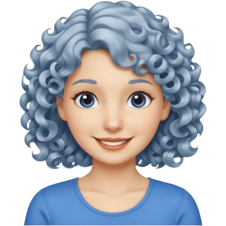 silver, short, wavy-haired with curls, smiling pretty lady, blue top,

 emoji