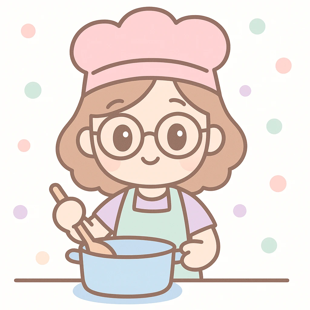 a girl with glasses and a pink kitchen hat cooking, cute colorful illustration style emoji