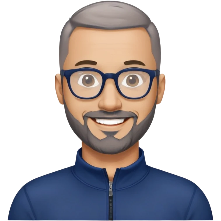40-year-old light-skinned man with almost buzzcut haircut, short gray beard, large black-framed glasses, smiling face, wearing a navy blue zip-neck long sleeve athletic shirt emoji