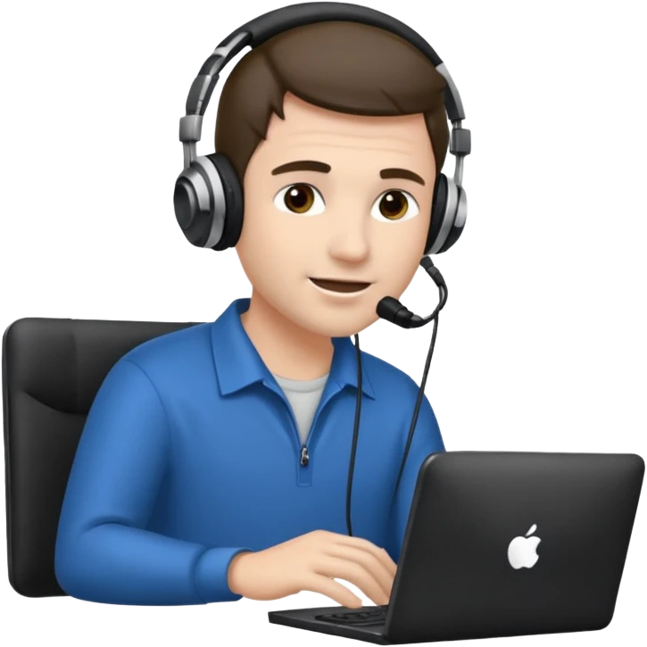 Man with headphones and microphone with computer. Operator emoji