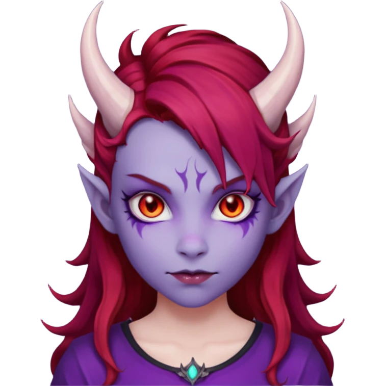 Demon Girl Purple Skin Dragon Horns Black Eyes Red Glowing Pupils Auburn Haired Red Shirt  emoji