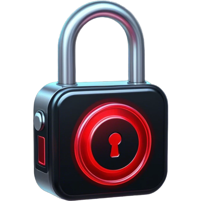 Holographic and glassmorphic black lock, red neon inside, black and red neon emoji