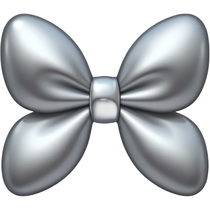 A cute bow emoji made of polished silver chrome, smooth rounded loops, glossy metallic surface, soft mirror reflections, subtle highlights, minimal and adorable proportions, iOS emoji style, centered composition, clean white background, soft studio lighting, no text, no outline, ultra high quality emoji