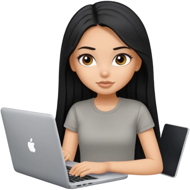 a pretty tan bratz girl with black long straight hair, wearing a grey tshirt using her laptop  emoji