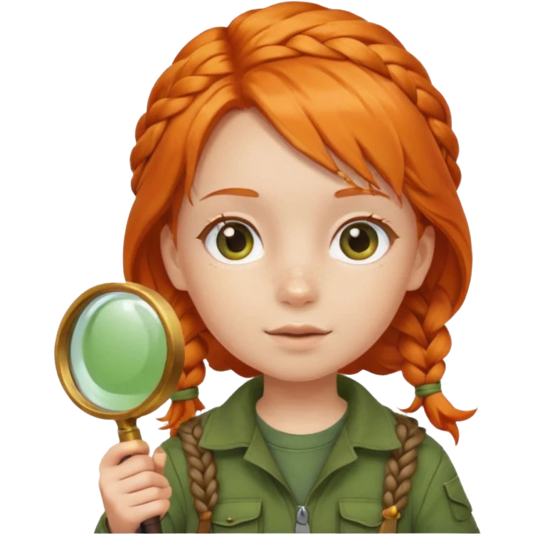 braid orange haired girl kid in moss green explorer outfit, holding magnifying glass emoji