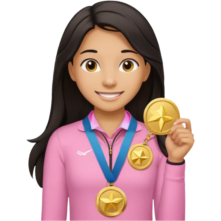 black haired girl wearing pastel pink with one medal, remove any hats, make her smile, make her hair longer, make her tan emoji