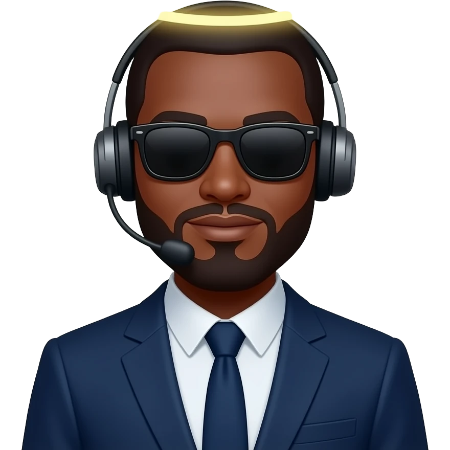 brown skin Tech support boss with goate beard with sunglass with halo emoji