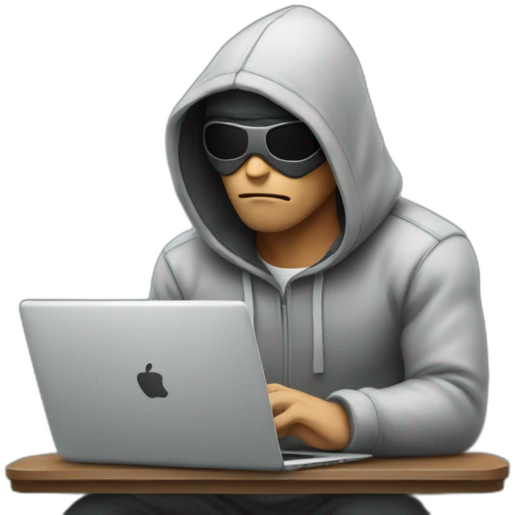 Man wearing a hoodie eye patch looking evil and typing on laptop emoji