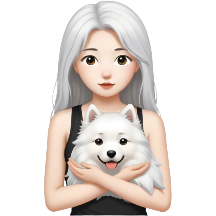  asiatic girl in the black tank top with long gray  hair and a samoyed emoji