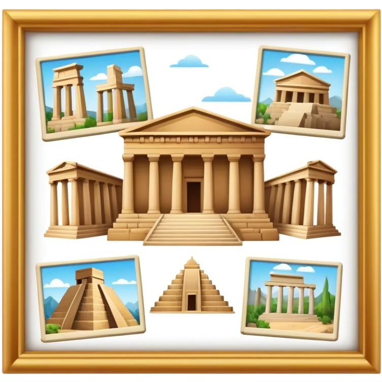 Icon for Historical and Cultural Tourism: iconic landmarks like ancient ruins, a museum and a historical monument, with a travel guidebook and camera. The icon should capture the exploration of history and culture. Transparent background. emoji