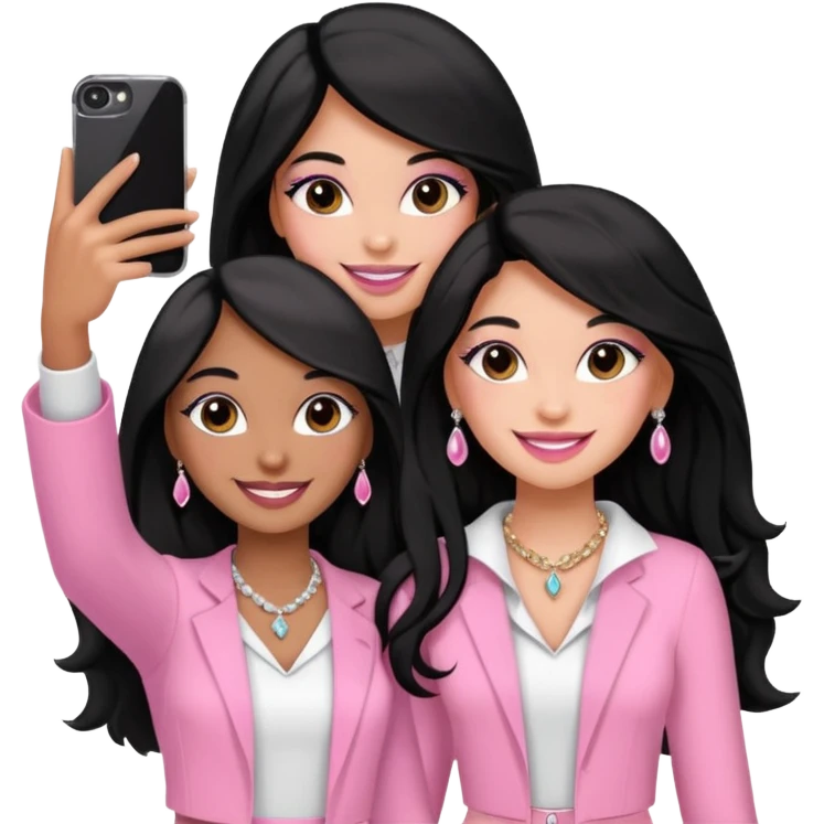 Just 3 besties with professional glammed up looks wearing pink and white, medium skin tone smiling big with black long hair. Very girly wearing jewelry, taking a selfie  emoji
