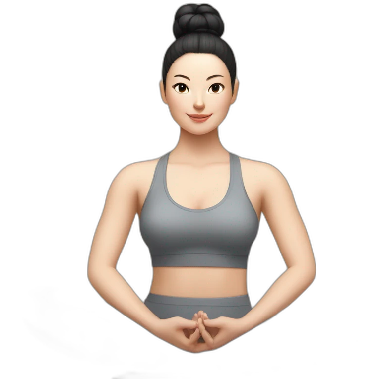 Pale skinned fit woman In a gray tight yoga suit and wristbands With black hair in a bun sits in the lotus position emoji