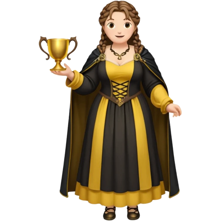 Helga Hufflepuff,brown-haired,2 braids,yellow-black medieval open dress,deep neckline,fat macromastia,black cloak decorated with gold braiding,gold cup with two handles,very kind smile,curvy busty sweet woman,round rosy cheeks,full length with medieval shoes emoji
