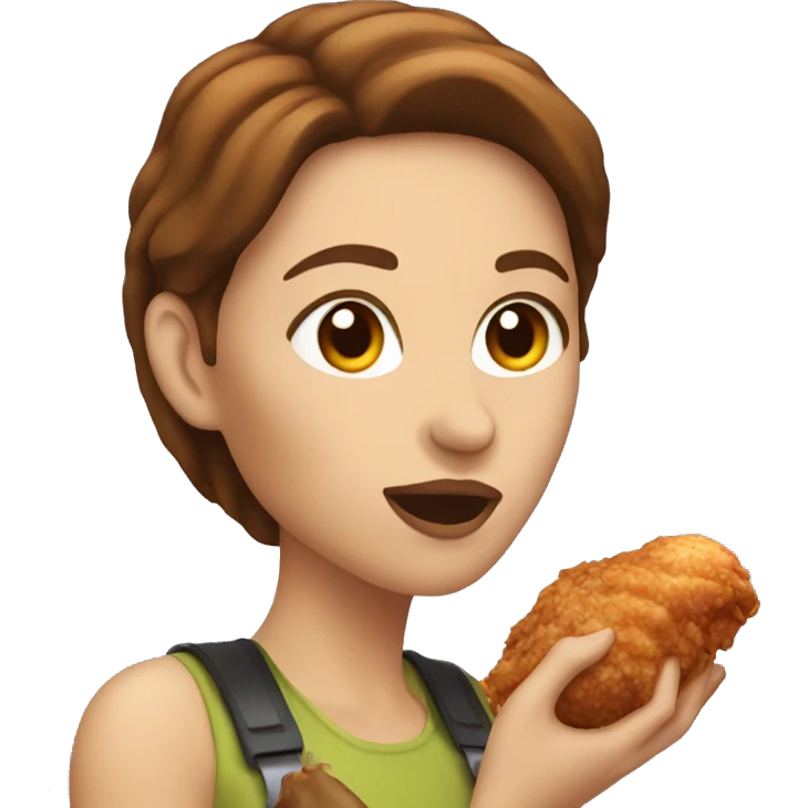 white women eating large chicken leg, brown hair emoji